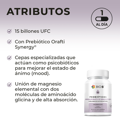 PROBIÓTICOS 15 BILLONES + BISGLICINATO DE MAGNESIO (PSICOBIÓTICO)